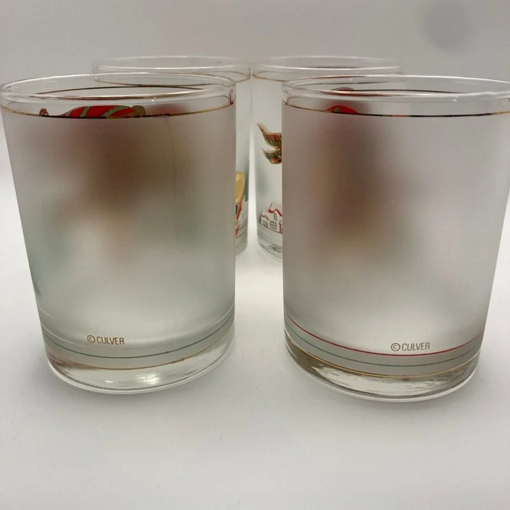 Vtg Culver Frosted Yule Bear Old Fashioned Glass Set of 4 22K‎ Gold USA